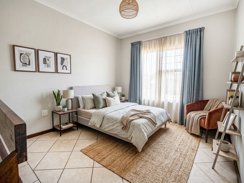A well-lit, comfortable bedroom featuring neutral tiled flooring, large windows with curtains, and a clean, modern aesthetic.