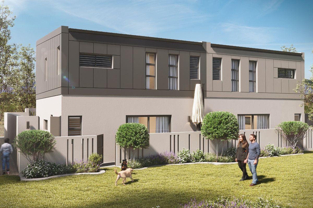 A modern two-story residential townhouse exterior featuring contemporary cladding, sleek window design, and a private landscaped garden area.