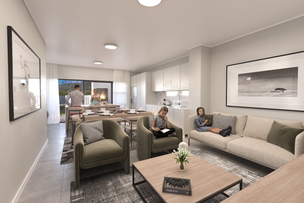 Modern open-plan living area featuring a sleek kitchen with integrated cabinetry, tiled floors, and seamless flow to an outdoor patio space.