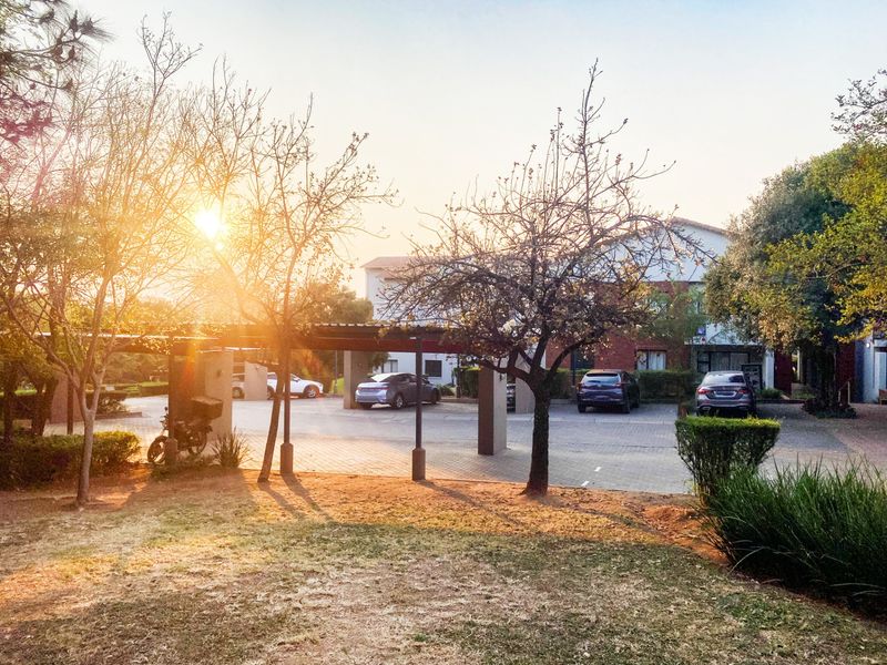 Exterior view of the apartment complex featuring a paved driveway, covered parking bays, and established garden landscaping at sunset.