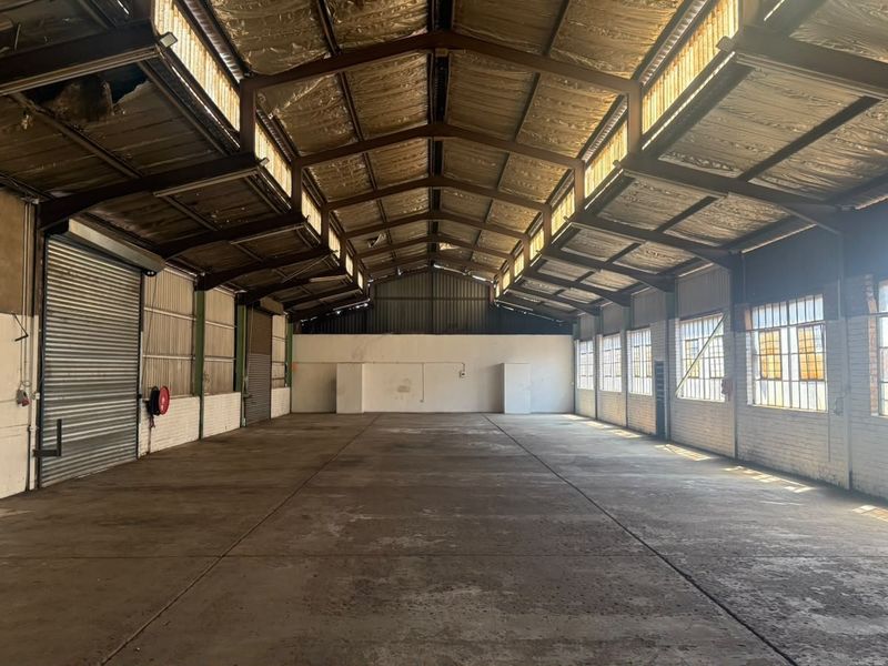 Spacious industrial warehouse featuring high exposed steel truss ceilings, concrete flooring, large roller shutter doors, and ample natural light through steel-framed windows.