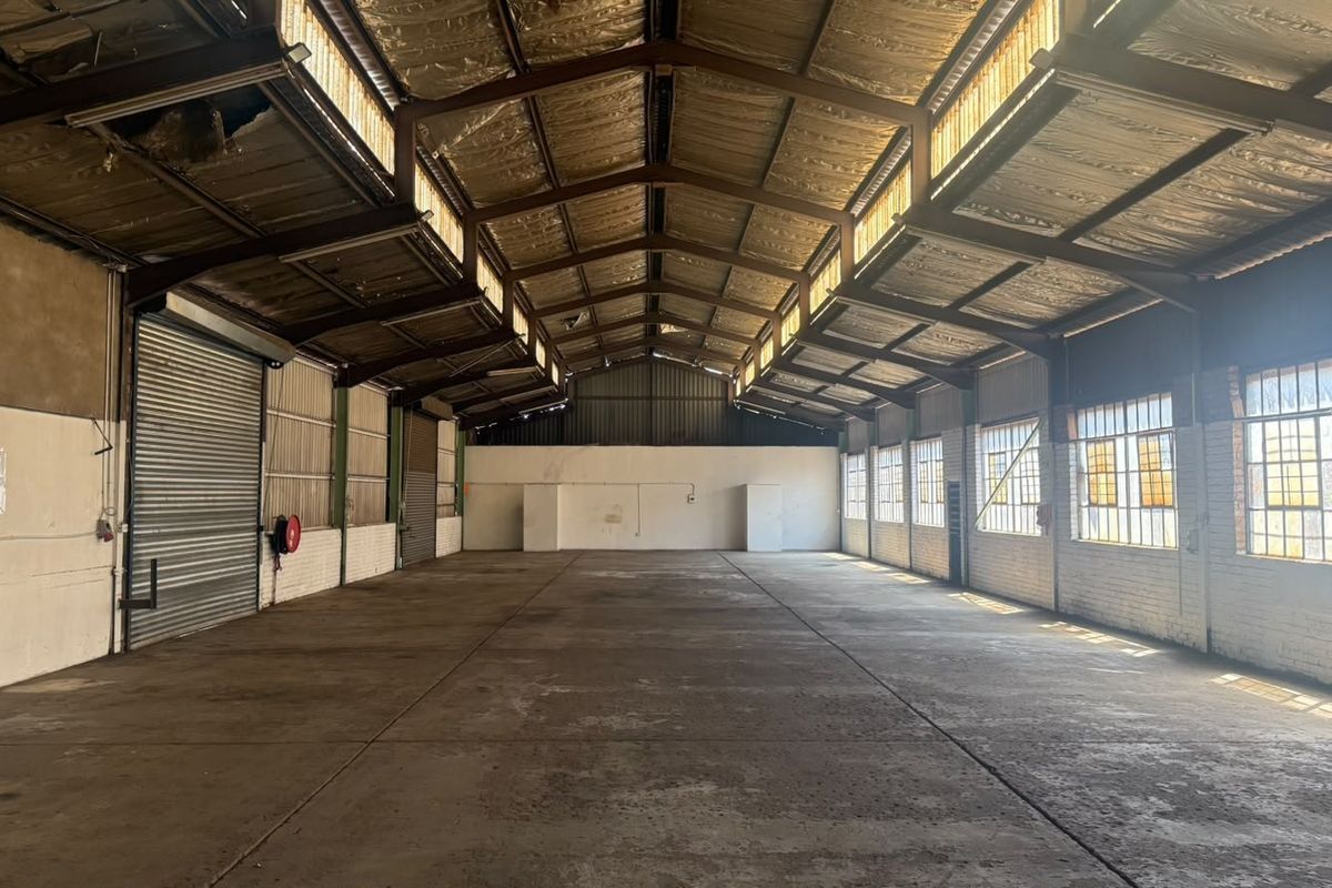 Spacious industrial warehouse featuring high exposed steel truss ceilings, concrete flooring, large roller shutter doors, and ample natural light through steel-framed windows.