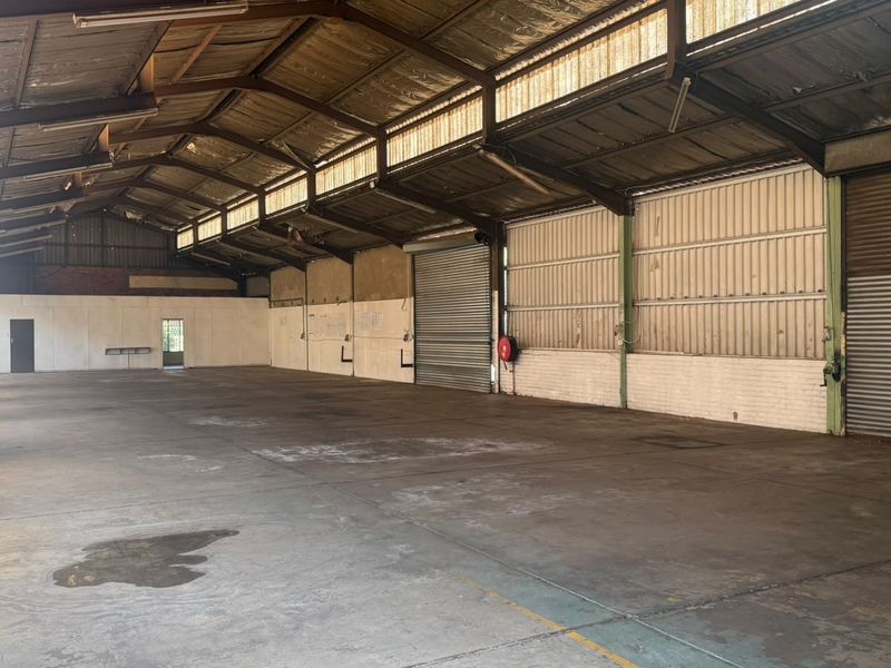 Spacious industrial warehouse featuring high ceilings with exposed steel trusses, concrete flooring, and multiple roller shutter doors for efficient access.