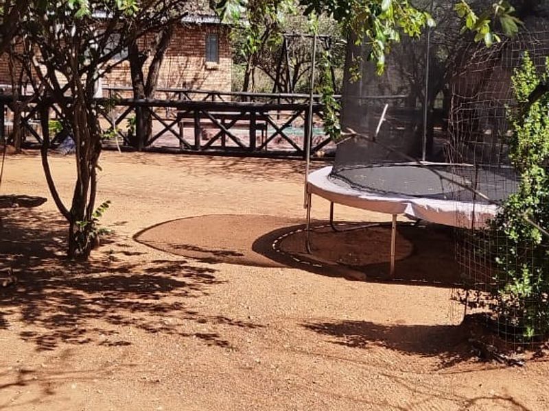 A spacious, natural garden area featuring mature trees and wooden perimeter fencing, providing a rustic outdoor setting.