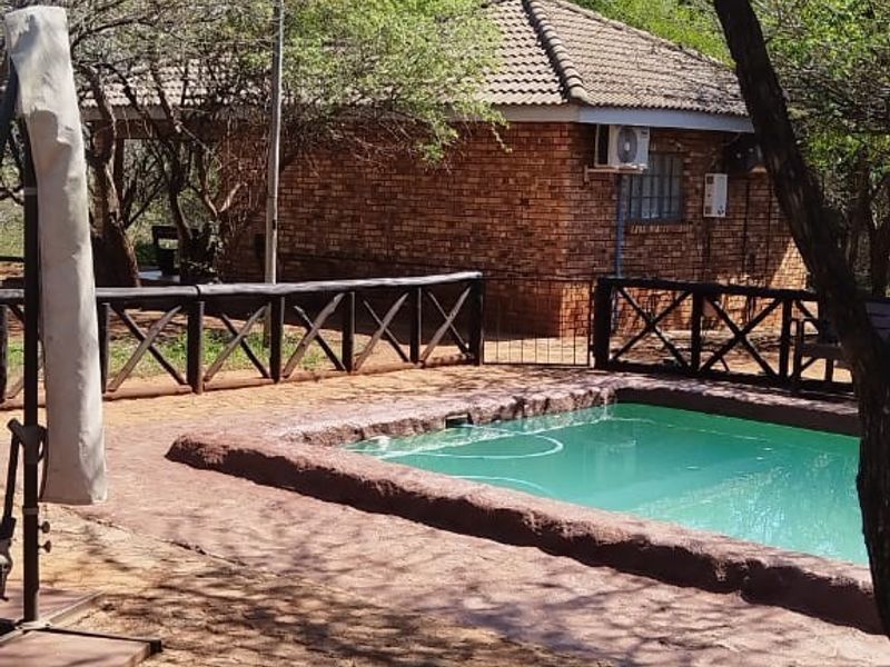 Outdoor pool area featuring a swimming pool, brick paving, and a timber railing, set against a rustic brick building with a tiled roof.