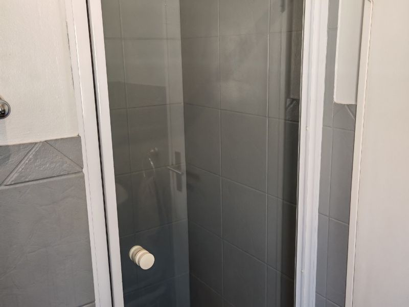 A functional shower stall featuring grey wall tiles and a tiled floor, enclosed by a white-framed glass door.