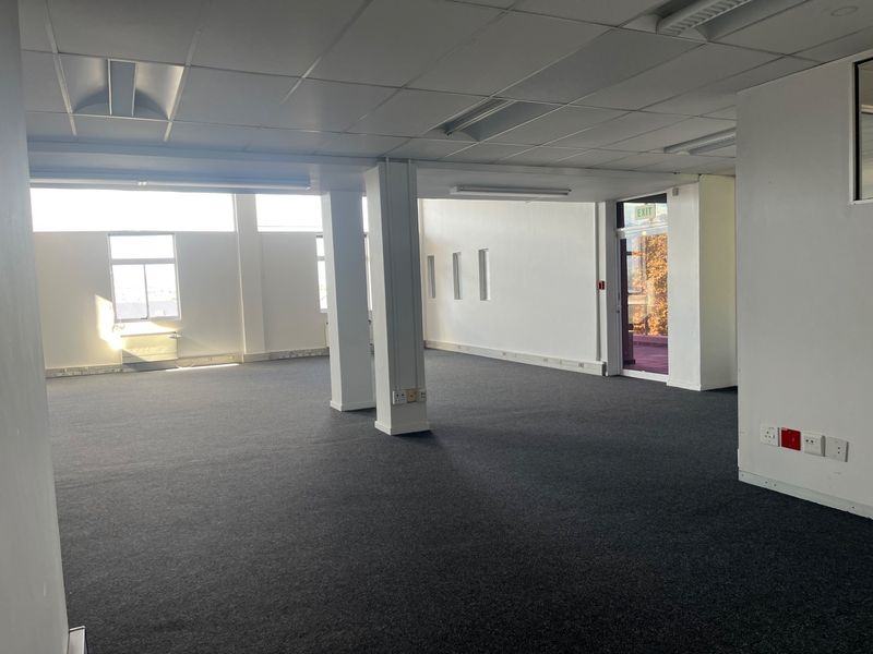 A spacious, open-plan office area featuring neutral carpeting, suspended ceilings with integrated lighting, and large windows providing ample natural light.