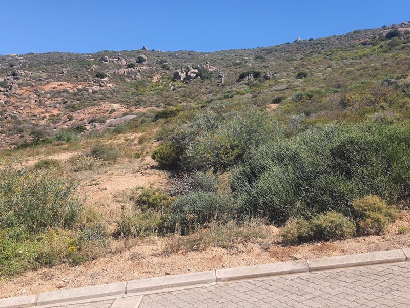 A view of a sloped, undeveloped residential plot featuring natural rocky terrain and native vegetation, adjacent to a paved street curb.