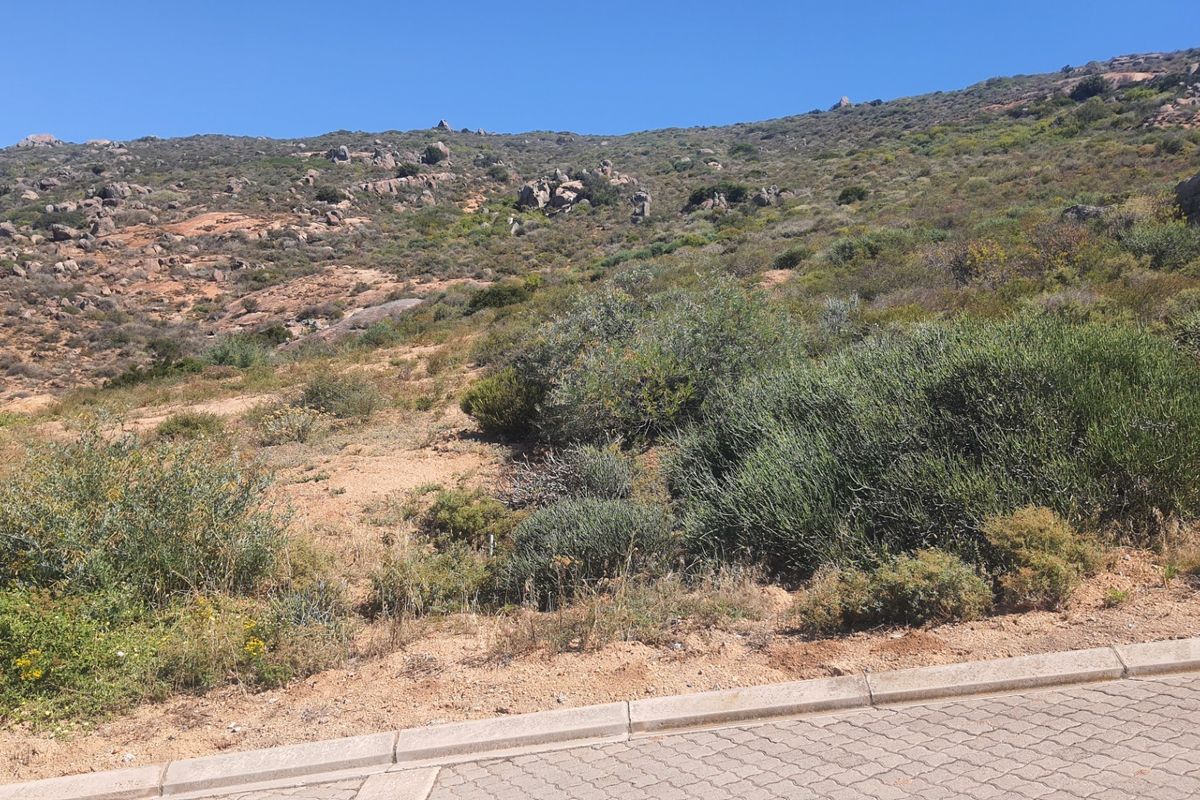 A view of a sloped, undeveloped residential plot featuring natural rocky terrain and native vegetation, adjacent to a paved street curb.