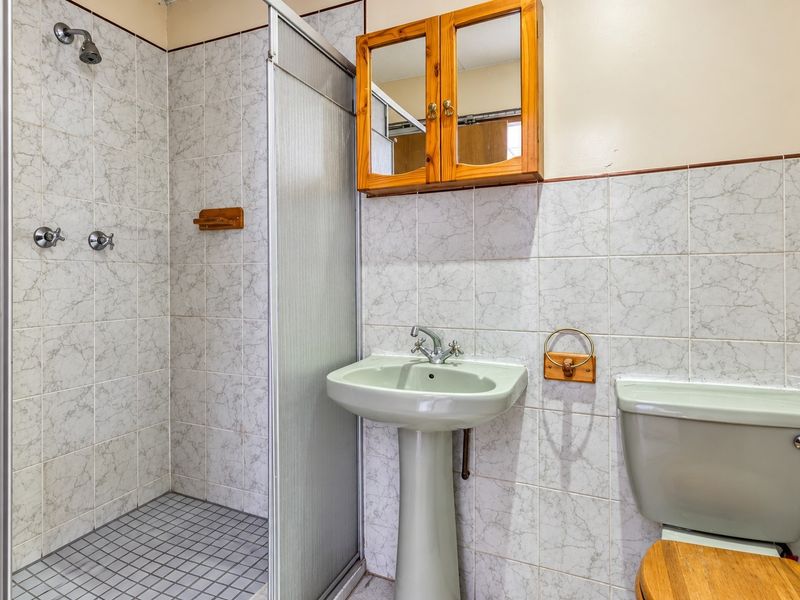 A functional bathroom featuring a shower enclosure, pedestal basin, and toilet with dated finishes, offering potential for a modern renovation.