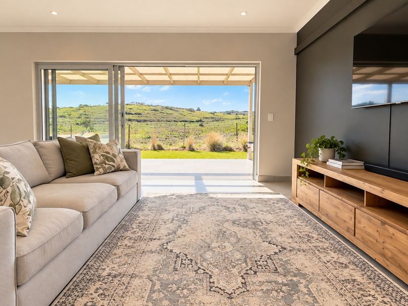 Modern living room featuring a dark accent wall and large sliding glass doors that open onto a covered patio with scenic landscape views.