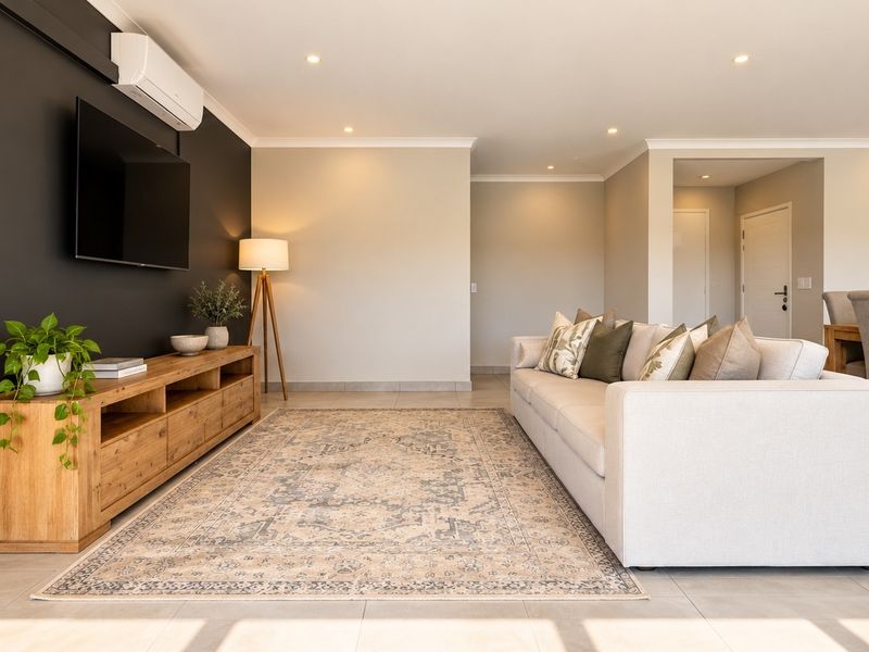 A modern, well-maintained living room featuring neutral tiled flooring, recessed downlighting, and a split-system air conditioning unit.