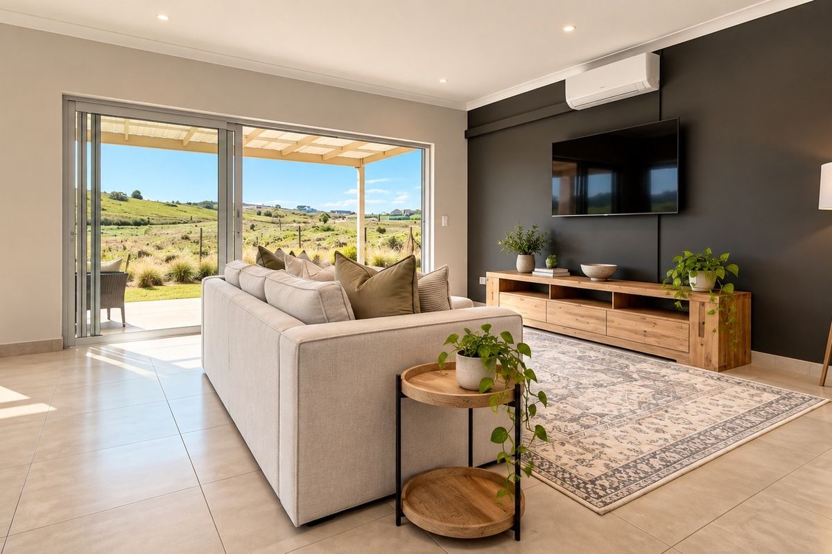 Modern living room featuring large sliding glass doors with scenic views, tiled flooring, recessed lighting, and a sleek dark accent wall with air conditioning.