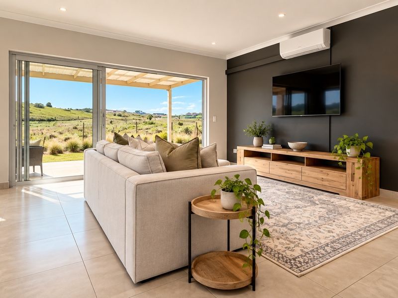 Modern living room featuring large sliding glass doors with scenic views, tiled flooring, recessed lighting, and a sleek dark accent wall with air conditioning.