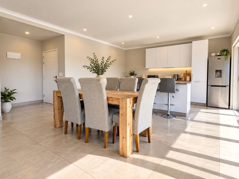 Bright open-plan living and dining area featuring modern tiled floors, recessed lighting, and a sleek kitchen with integrated cabinetry and island seating.