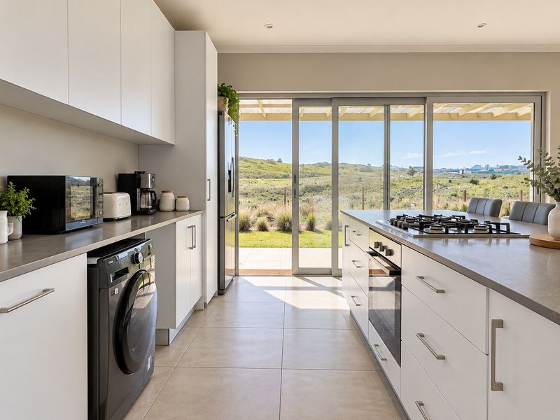 Modern kitchen featuring sleek white cabinetry, stone countertops, integrated appliances, and large sliding doors opening to a scenic outdoor view.