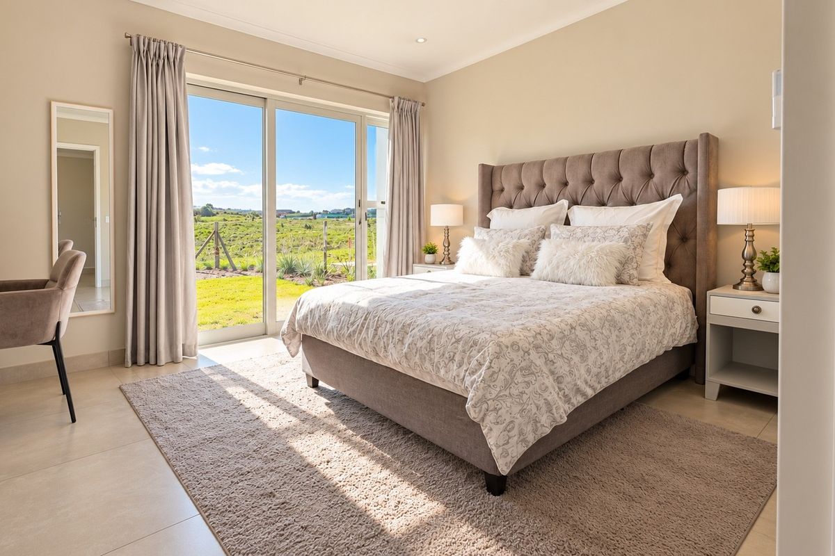 A bright and modern bedroom featuring tiled floors, recessed lighting, and a large sliding glass door providing direct access to the garden.