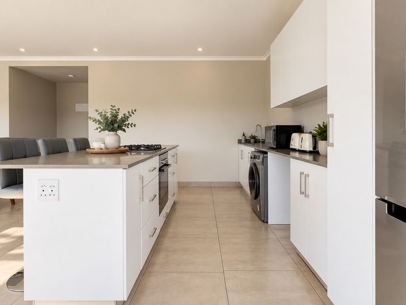 Modern open-plan kitchen featuring a central island, stone countertops, integrated cabinetry, and high-quality built-in appliances, seamlessly flowing into the dining area.
