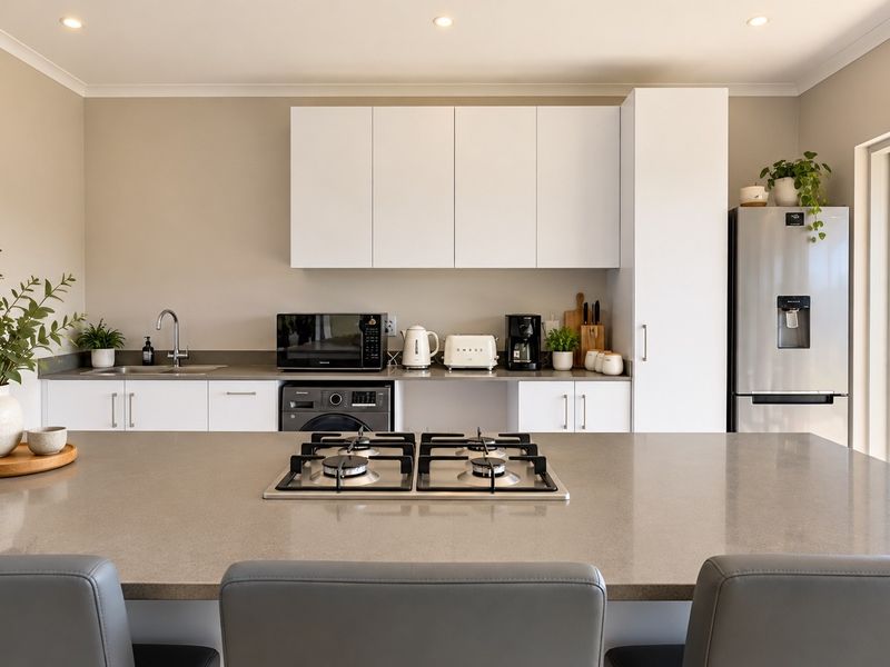 Modern kitchen featuring a central island with a gas hob, sleek white cabinetry, stone countertops, and direct access to an outdoor patio area.