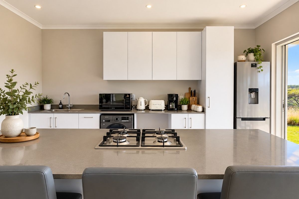 Modern kitchen featuring a central island with a gas hob, sleek white cabinetry, stone countertops, and direct access to an outdoor patio area.