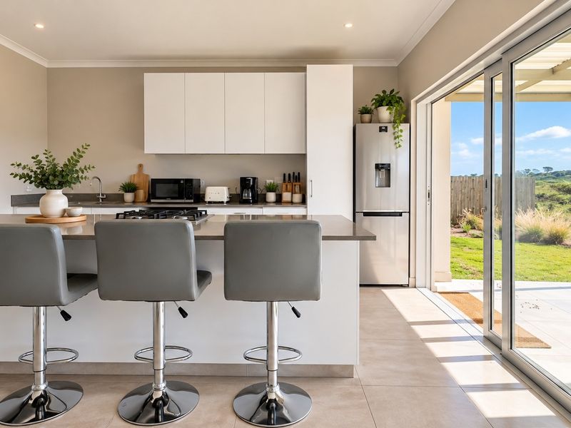 Modern kitchen featuring a central island with gas cooktop, sleek white cabinetry, and large sliding glass doors opening to an outdoor patio area.