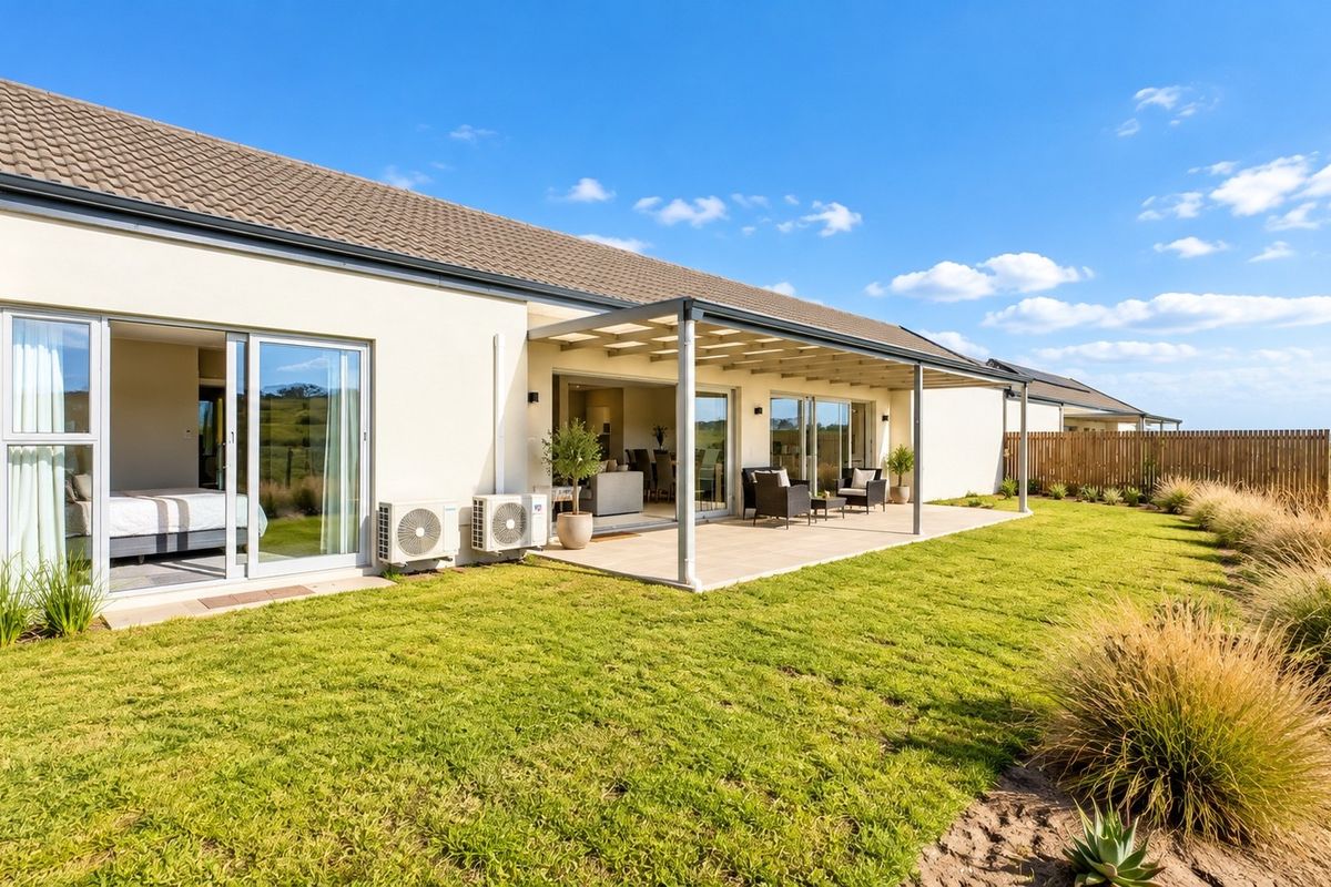 A well-maintained rear exterior view featuring a covered patio, sliding glass doors, and a landscaped lawn with rural views.