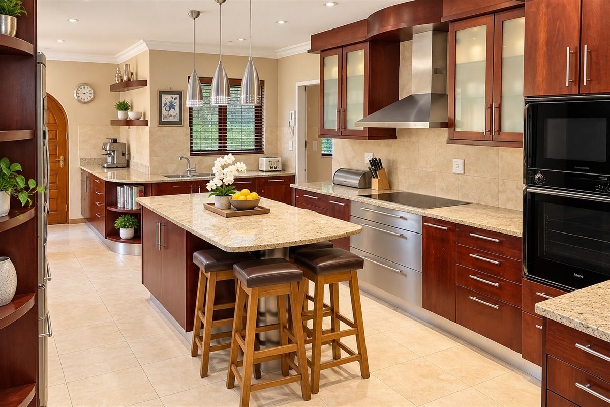 Spacious modern kitchen featuring granite countertops, high-end built-in appliances, custom cabinetry, and a central island with integrated seating.