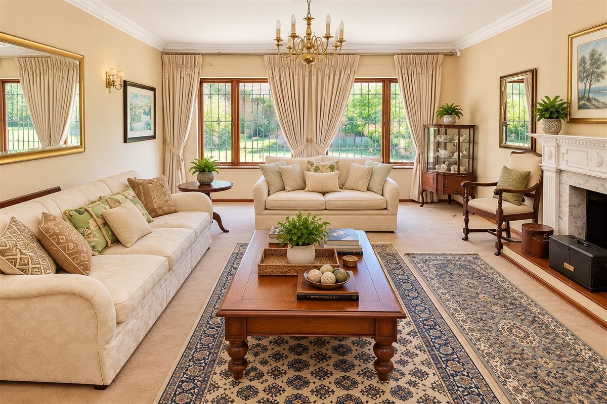 A well-maintained living room featuring a classic fireplace with a mantelpiece, crown molding, and large windows with security bars.