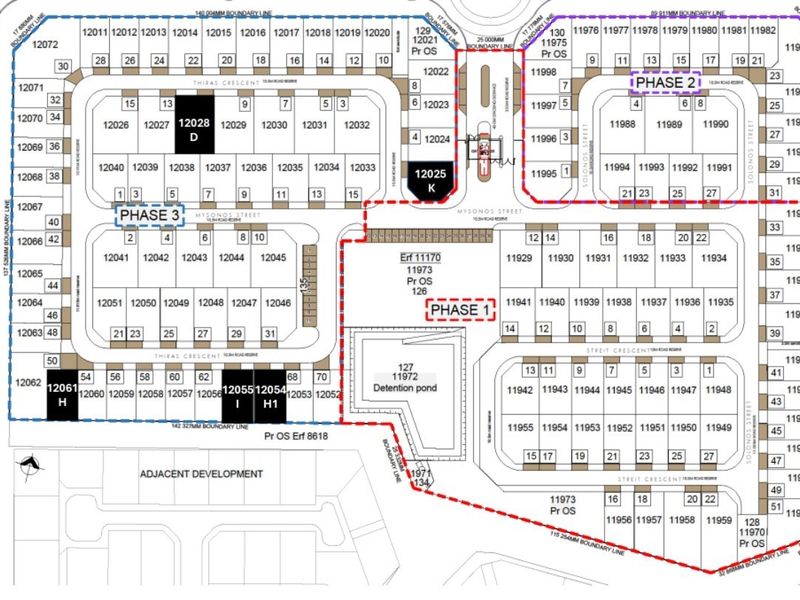 A detailed site development plan showing the layout of multiple phases, individual plots, street names, and boundary lines for the residential estate.