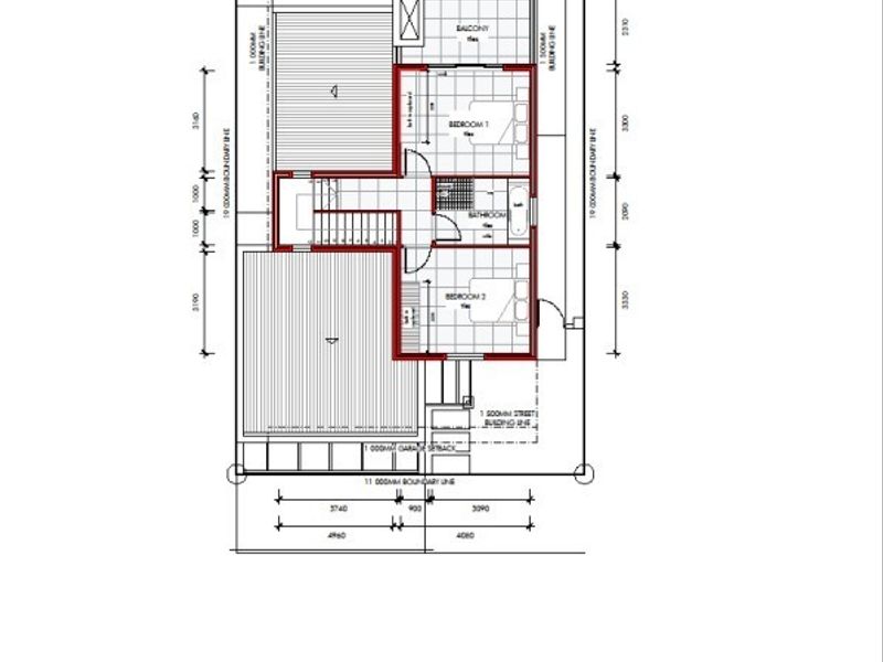 Architectural floor plan showing the layout of the second floor, including bedrooms, bathroom, and balcony.