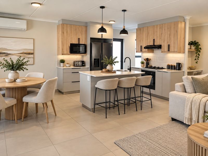 Modern open-plan living area featuring a contemporary kitchen with a central island, sleek cabinetry, integrated appliances, and neutral tiled flooring throughout.