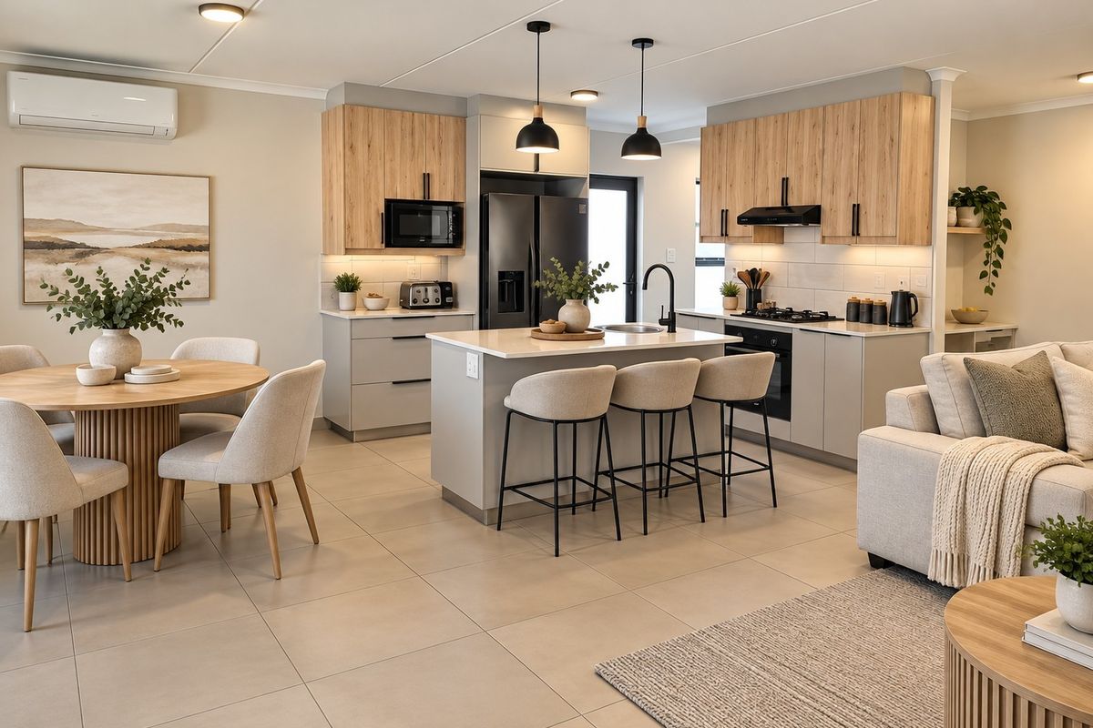 Modern open-plan living area featuring a contemporary kitchen with a central island, sleek cabinetry, integrated appliances, and neutral tiled flooring throughout.