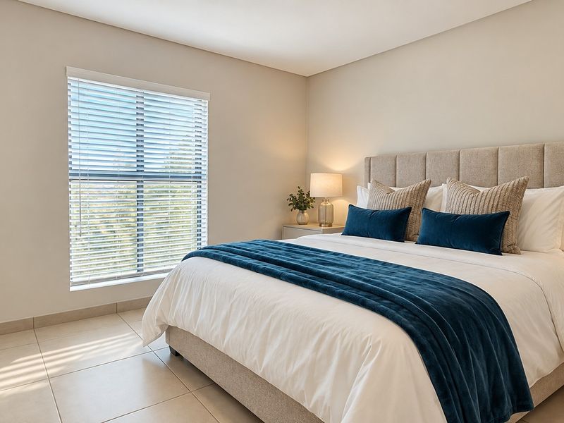 A well-maintained bedroom featuring neutral tiled flooring, built-in cupboards, and venetian blinds, offering a clean and modern aesthetic.