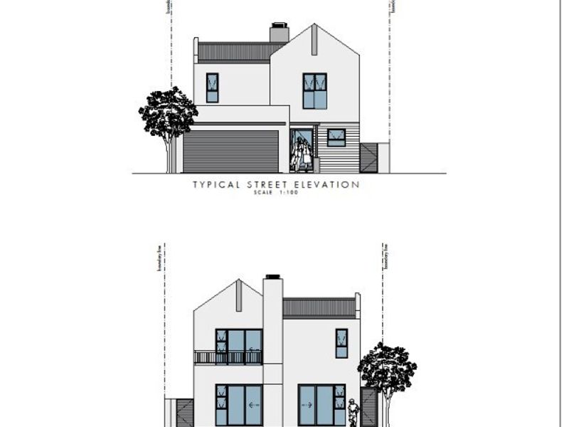 Architectural floor plan and elevation drawings for a double-story residential unit featuring a double garage and balcony.
