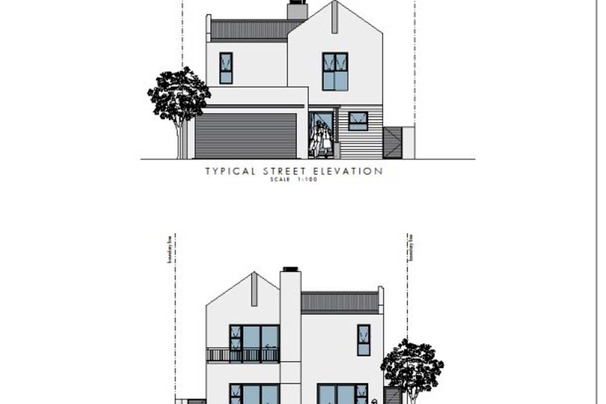 Architectural floor plan and elevation drawings for a double-story residential unit featuring a double garage and balcony.