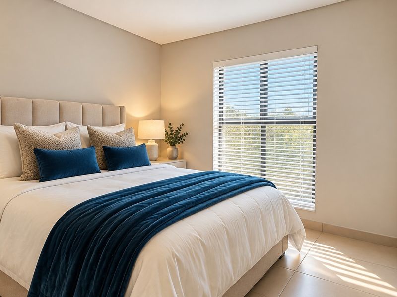 A well-maintained bedroom featuring neutral tiled flooring, built-in wardrobes, and large windows fitted with venetian blinds for natural light control.