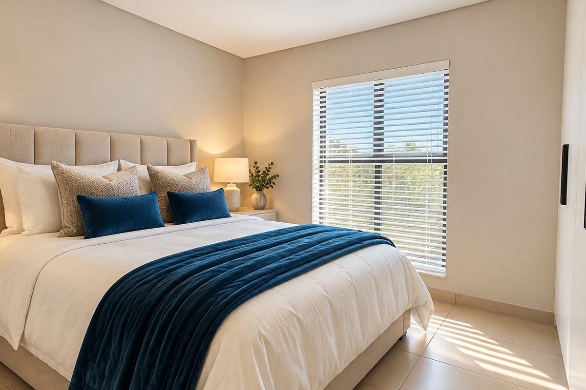 A well-maintained bedroom featuring neutral tiled flooring, built-in wardrobes, and large windows fitted with venetian blinds for natural light control.