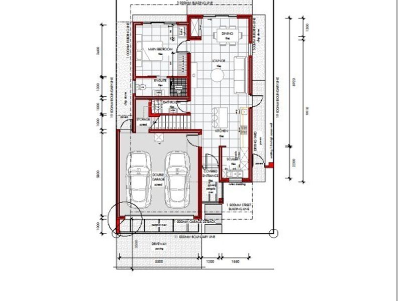 Architectural floor plan for a double-storey, three-bedroom residential unit featuring a double garage, scullery, open-plan living area, and outdoor stoep.