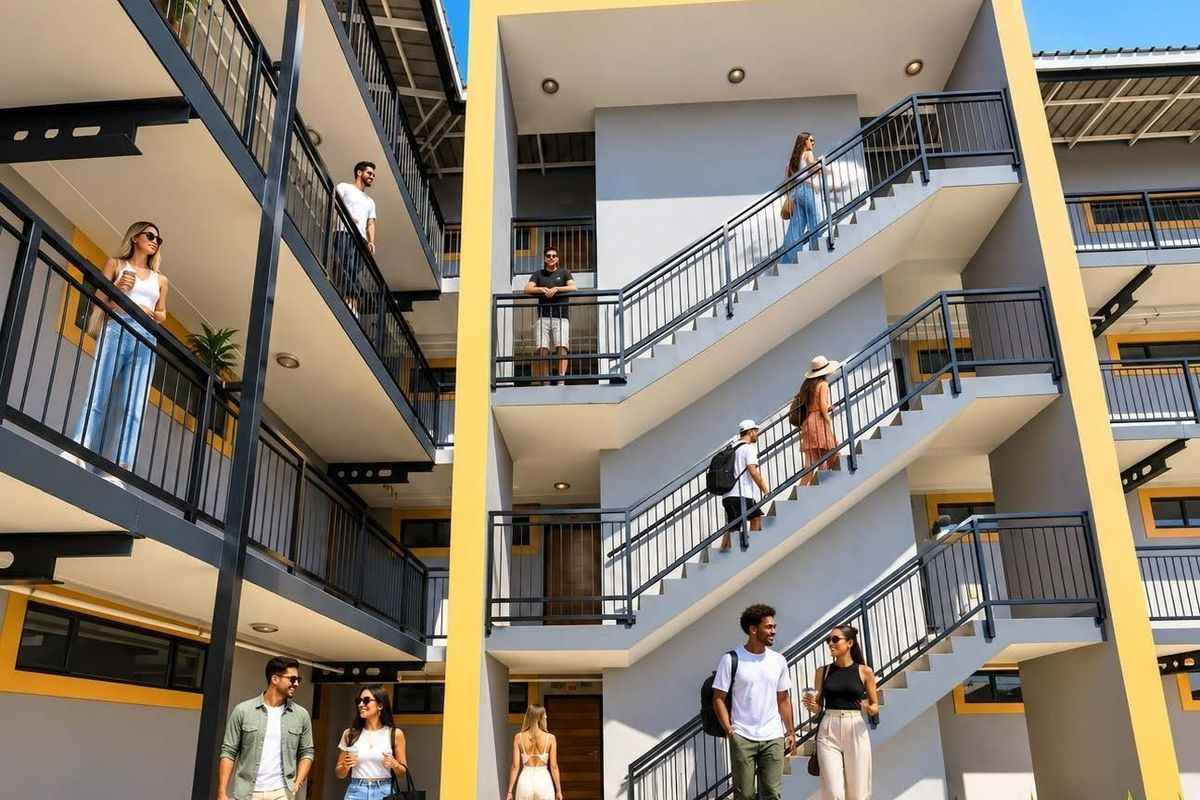 Modern multi-story apartment complex featuring external metal staircases, clean concrete facades with yellow accents, and paved communal walkways.
