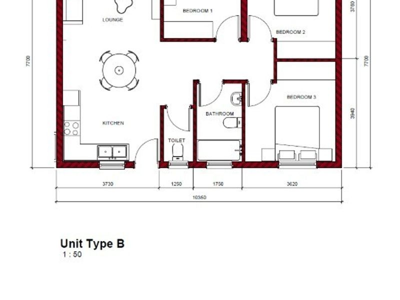 Architectural floor plan for a three-bedroom unit, detailing the layout of the kitchen, lounge, bathroom, and toilet areas.