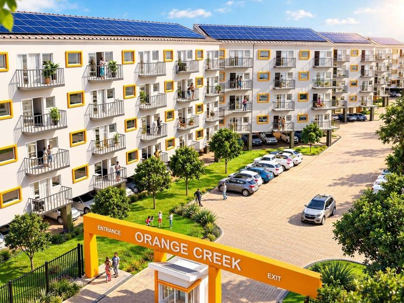 Aerial view of the Orange Creek residential complex featuring modern apartment blocks with solar panels, private balconies, and a secure gated entrance.