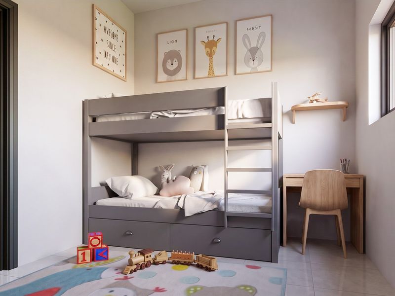 A well-lit, modern bedroom featuring tiled flooring and a clean, neutral aesthetic, suitable for a child's room.