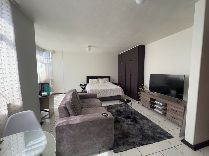 Open-plan studio apartment featuring tiled flooring and a large built-in wardrobe, offering a versatile living and sleeping space.