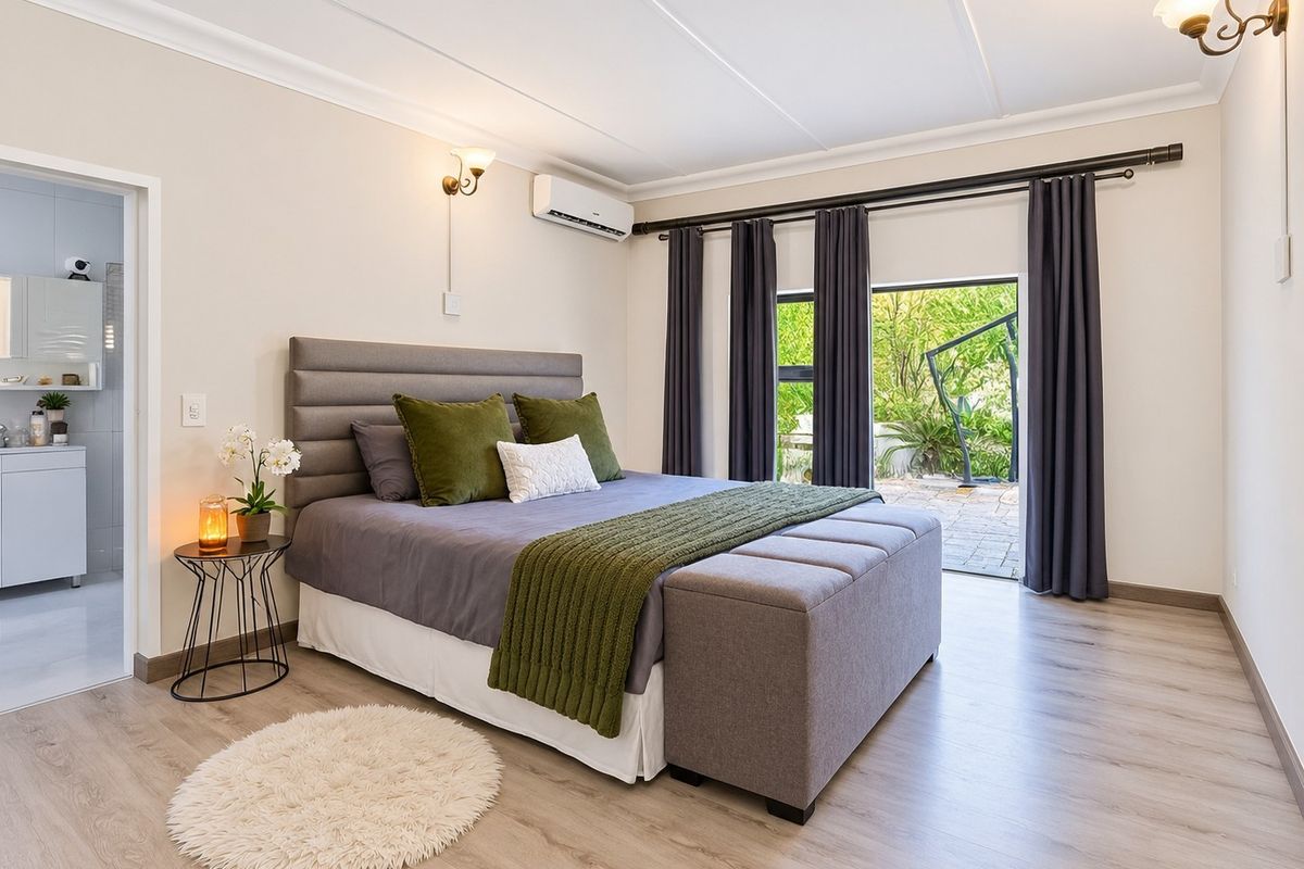 Spacious bedroom featuring laminate flooring, air conditioning, and direct access to a private patio through sliding glass doors.