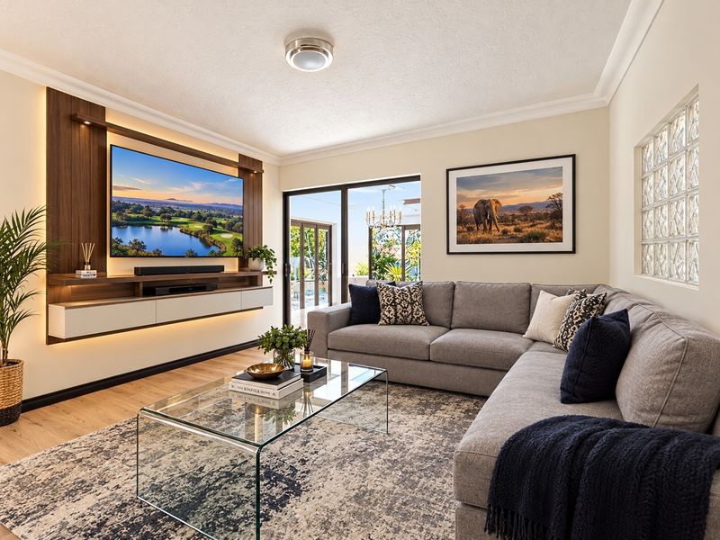 Modern living room featuring a custom built-in media wall with integrated LED lighting, glass block feature window, and seamless access to the outdoor patio area.