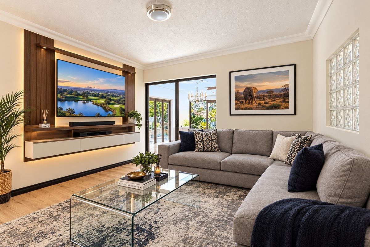 Modern living room featuring a custom built-in media wall with integrated LED lighting, glass block feature window, and seamless access to the outdoor patio area.