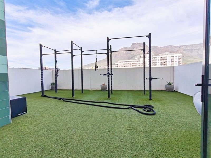Outdoor gym area featuring a professional pull-up rig set on artificial turf with mountain views.