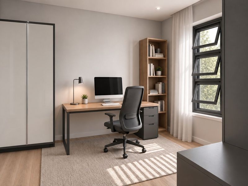 A modern, well-lit home office featuring a built-in wardrobe, laminate flooring, and a large casement window providing natural light.