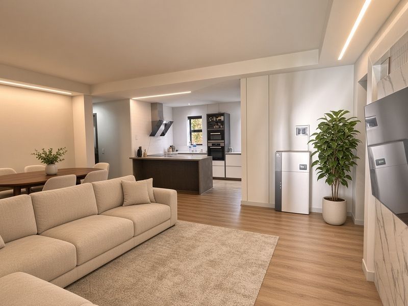 Modern open-plan living area featuring a sleek kitchen with built-in appliances, marble-look feature wall, and recessed lighting throughout the spacious interior.
