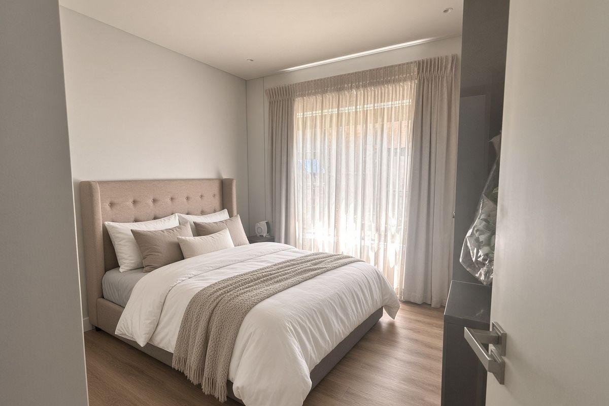 A well-maintained bedroom featuring modern laminate flooring, recessed ceiling lighting, and floor-to-ceiling curtains providing natural light.